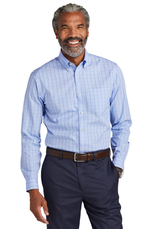Brooks Brothers wrinkle-free stretch patterned shirt in Newport blue, front view showing collar and button details.