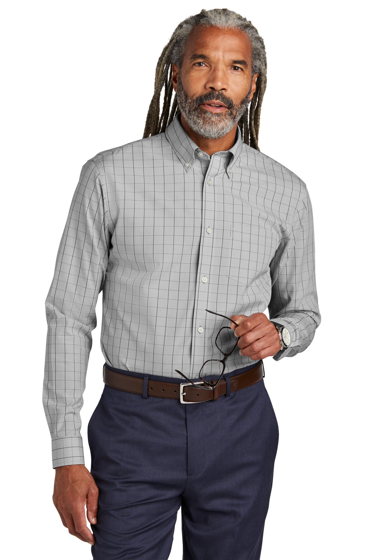 Brooks Brothers wrinkle-free stretch patterned shirt in shadow grey, front view showing collar and button details.