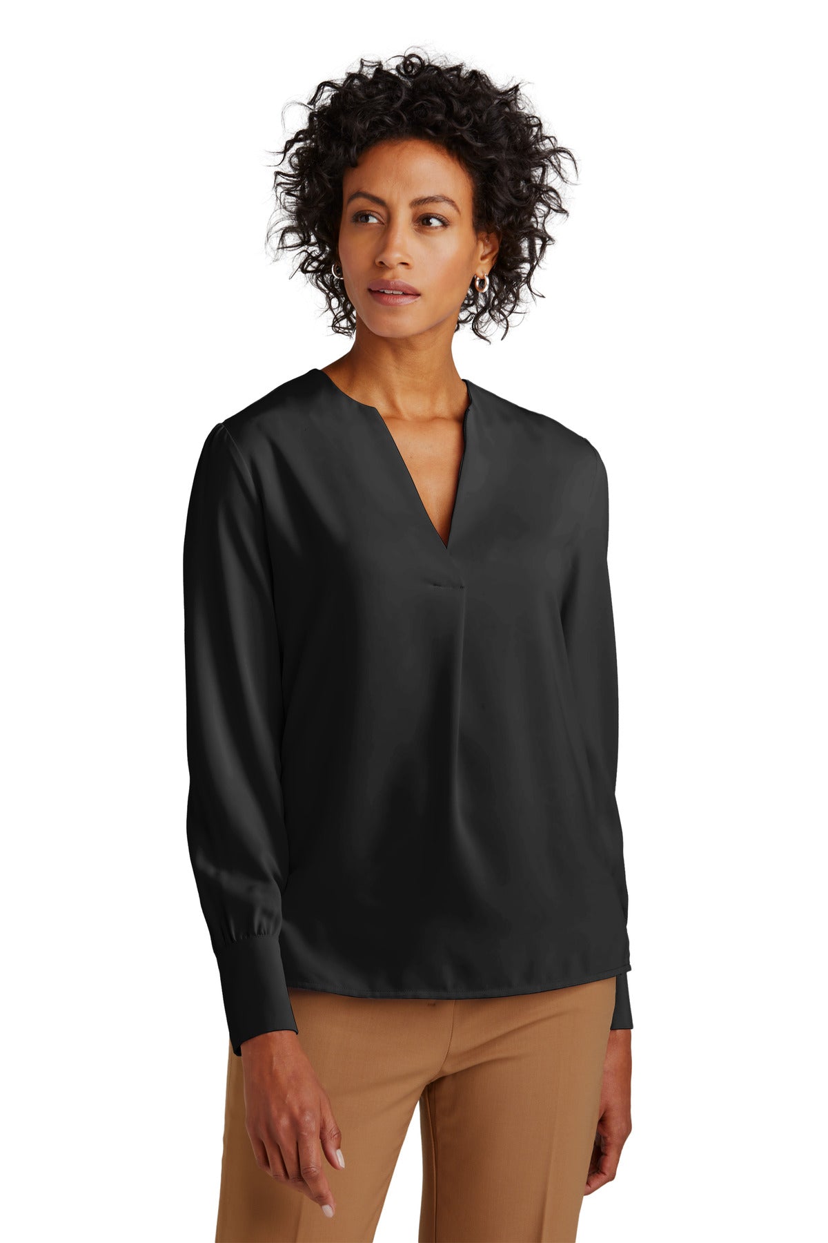 Black satin women's open-neck blouse by Brooks Brothers, front view showcasing elegant design and smooth fabric.
