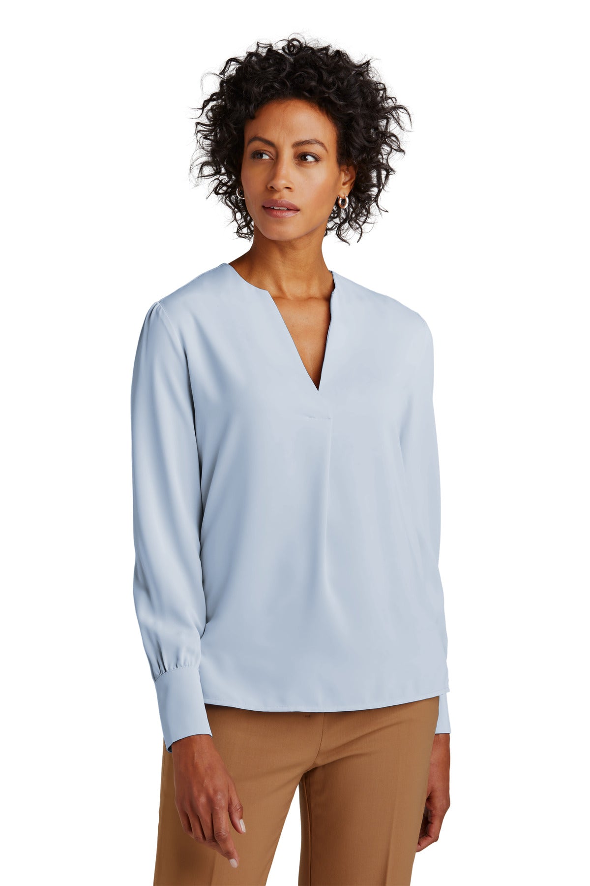 Brooks Brothers women's open-neck satin blouse in heritage blue, front view showing smooth fabric and elegant collar detail.