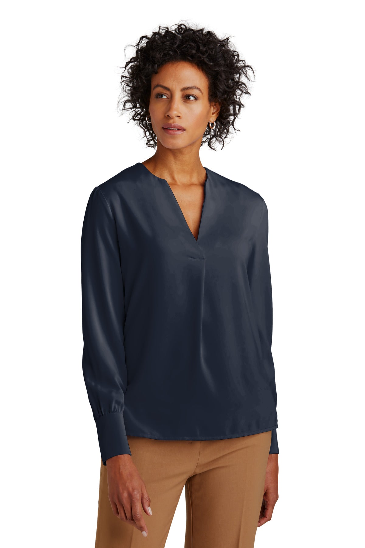 Brooks Brothers women's open-neck satin blouse in navy, front view showing smooth fabric and elegant collar design.