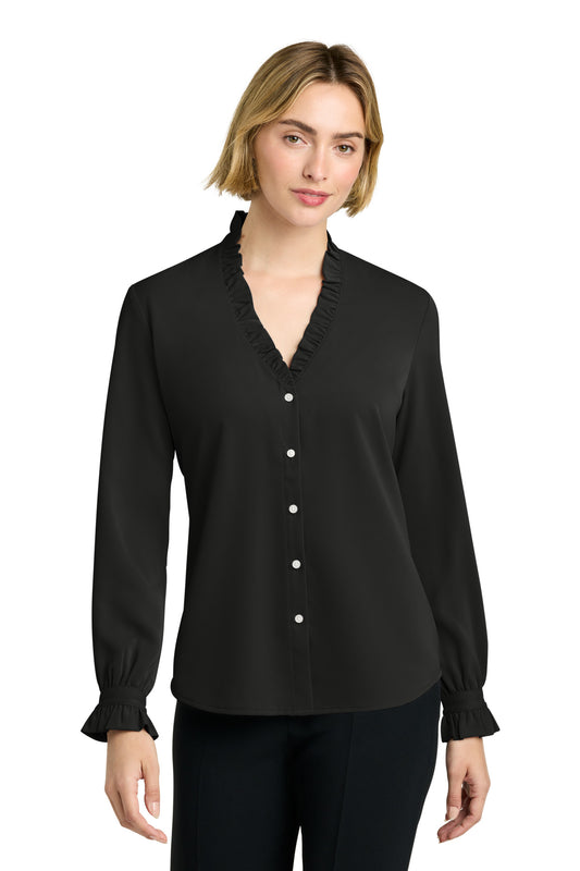 Black women's long sleeve ruffle collar blouse by Brooks Brothers, front view showing elegant ruffle detail and classic fit.