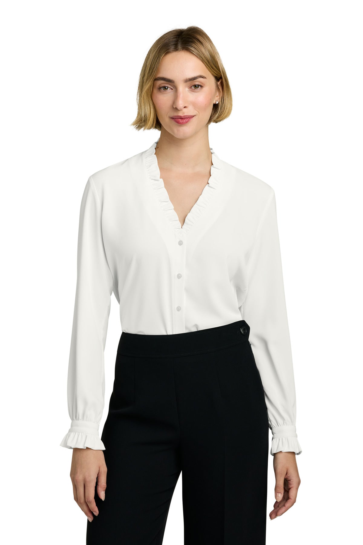 Off-white women's long sleeve ruffle collar blouse by Brooks Brothers, shown from the front on a model.