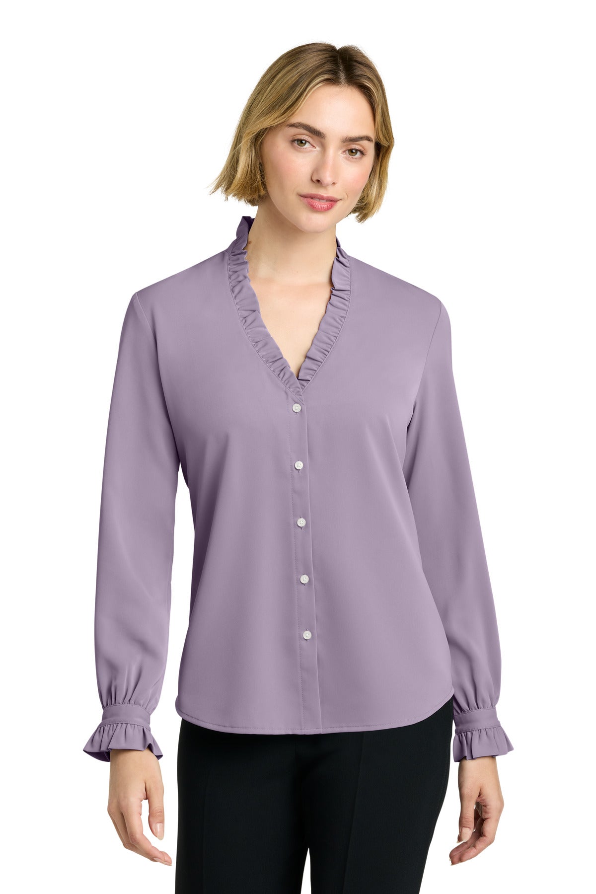 Purple ash long sleeve ruffle collar blouse for women by Brooks Brothers, front view showing elegant design and details.