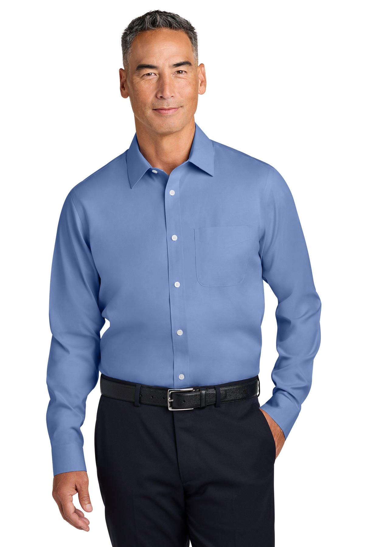 Brooks Brothers cobalt blue wrinkle-free stretch pinpoint spread collar shirt worn by a model, front view.