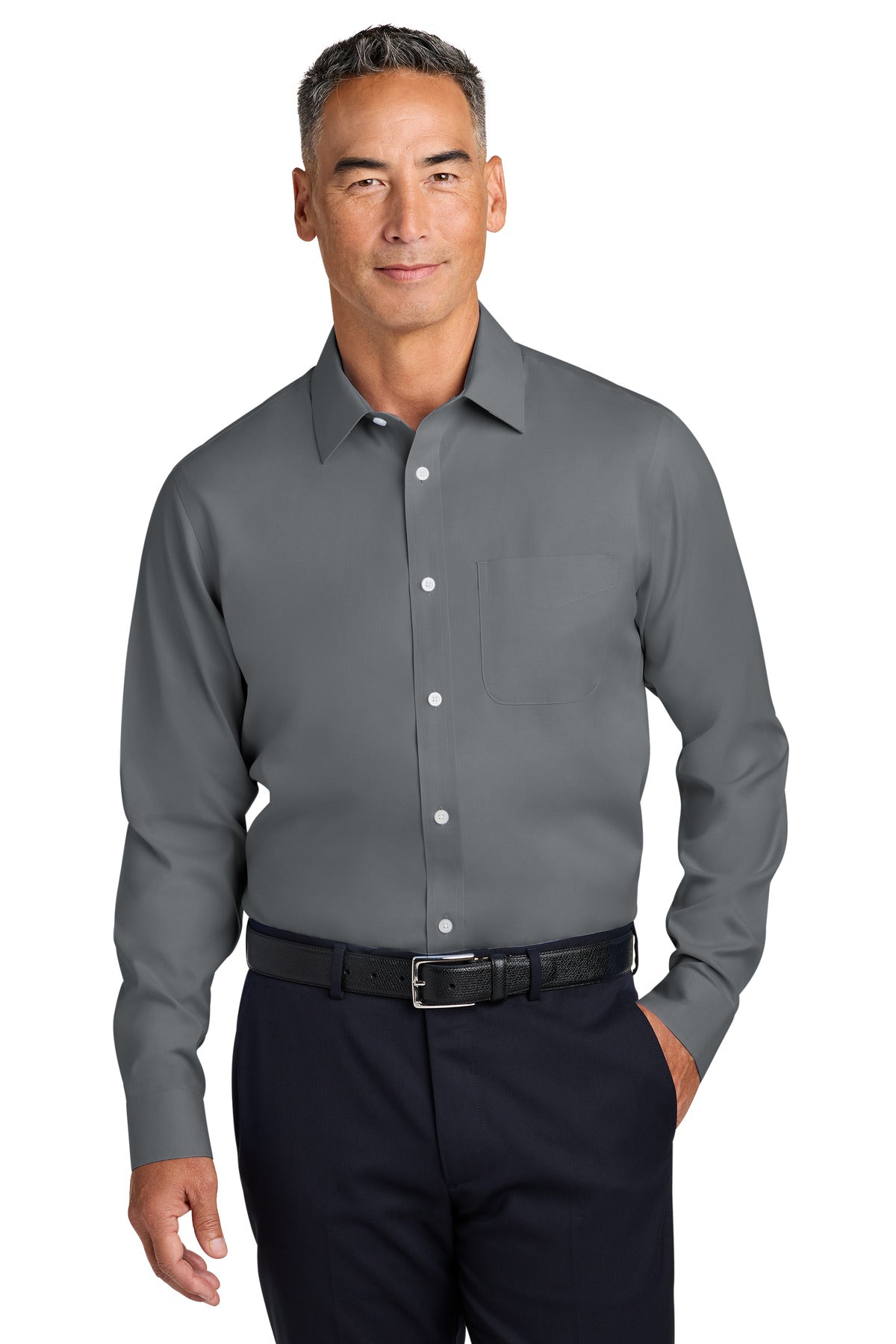 Brooks Brothers wrinkle-free stretch pinpoint collar dress shirt in deep black, front view on a male model