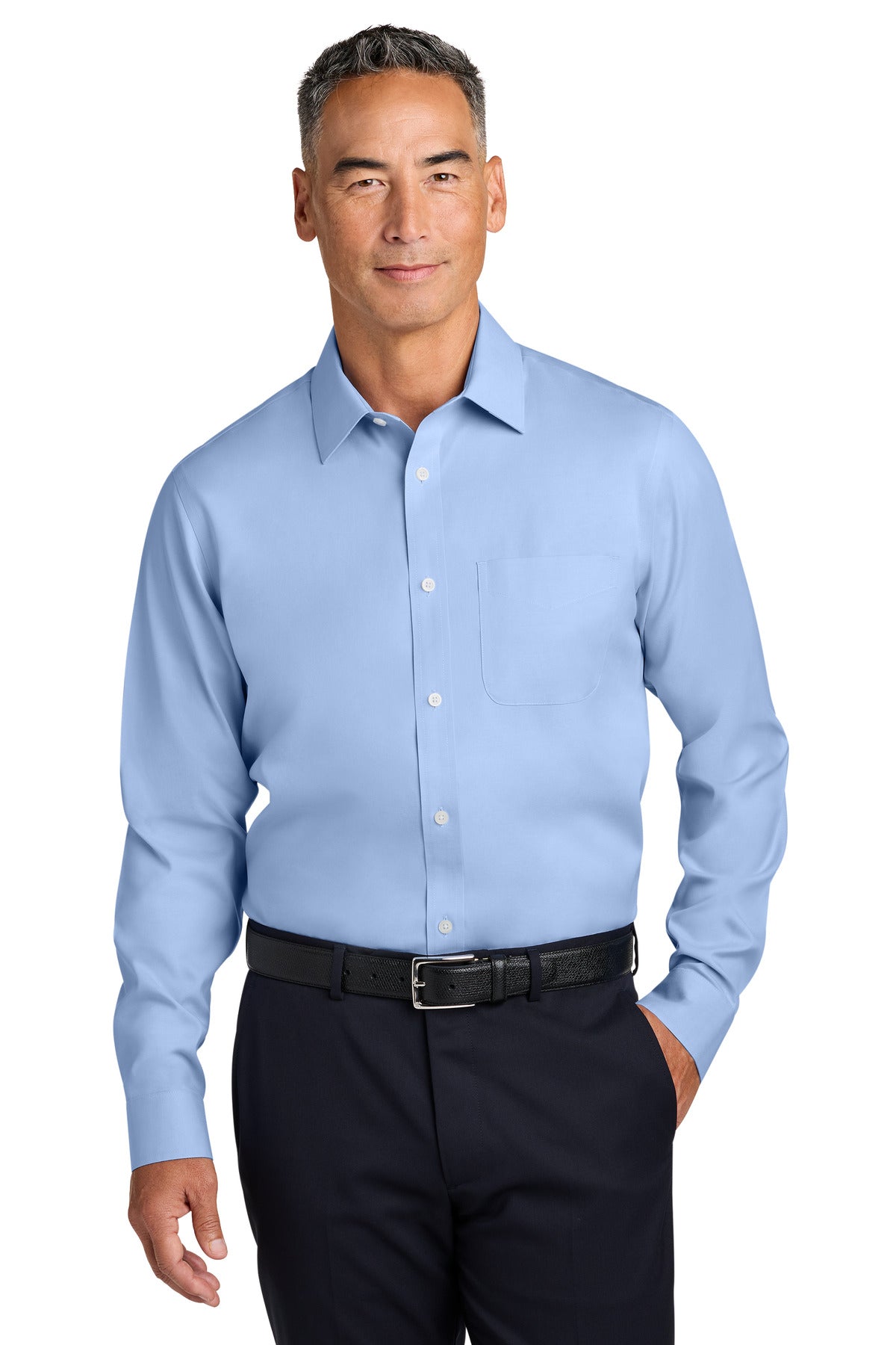 Brooks Brothers wrinkle-free stretch pinpoint spread collar shirt in Newport Blue worn by a model, front view.