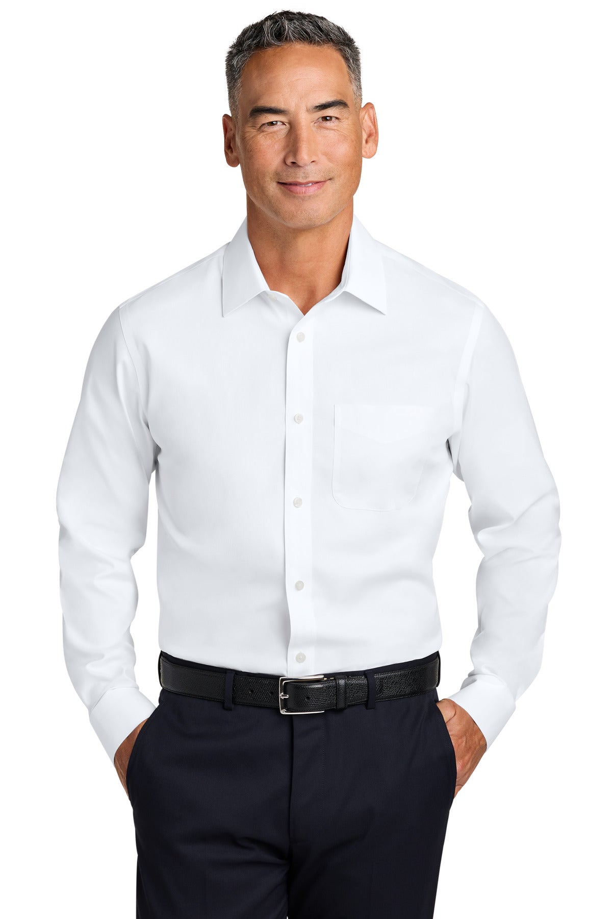 White Brooks Brothers wrinkle-free stretch pinpoint spread collar shirt worn by a model, front view showcasing fit and collar details.