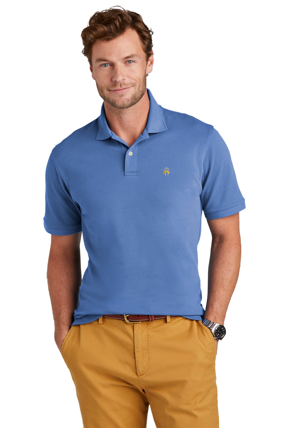 Brooks Brothers Pima Cotton Pique Polo BB18200 in charter blue, front view showing classic collar and button placket.