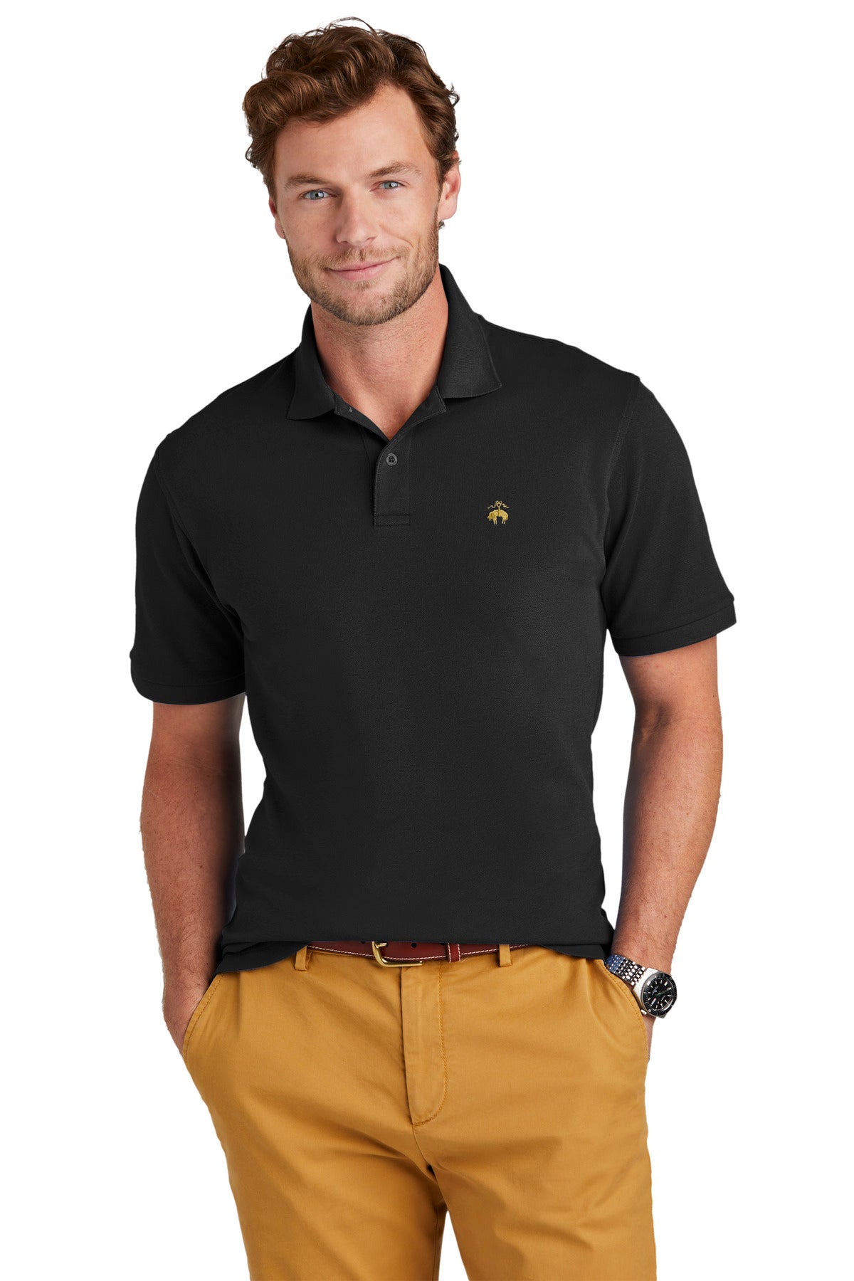 Brooks Brothers Pima Cotton Pique Polo BB18200 in deep black, front view showing classic collar and button placket.