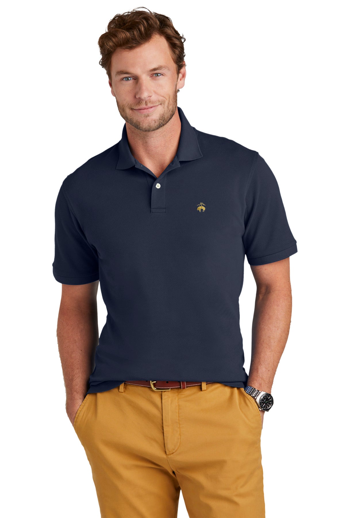 Brooks Brothers navy Pima cotton pique polo shirt with collar and short sleeves, front view.
