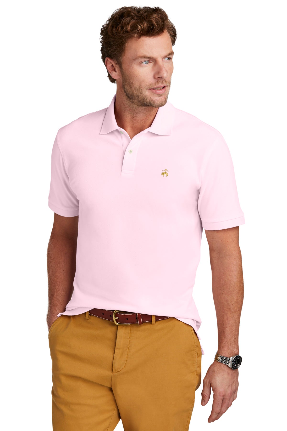 Brooks Brothers Pima Cotton Pique Polo in pearl pink worn by a model, front view showing classic fit and textured fabric.