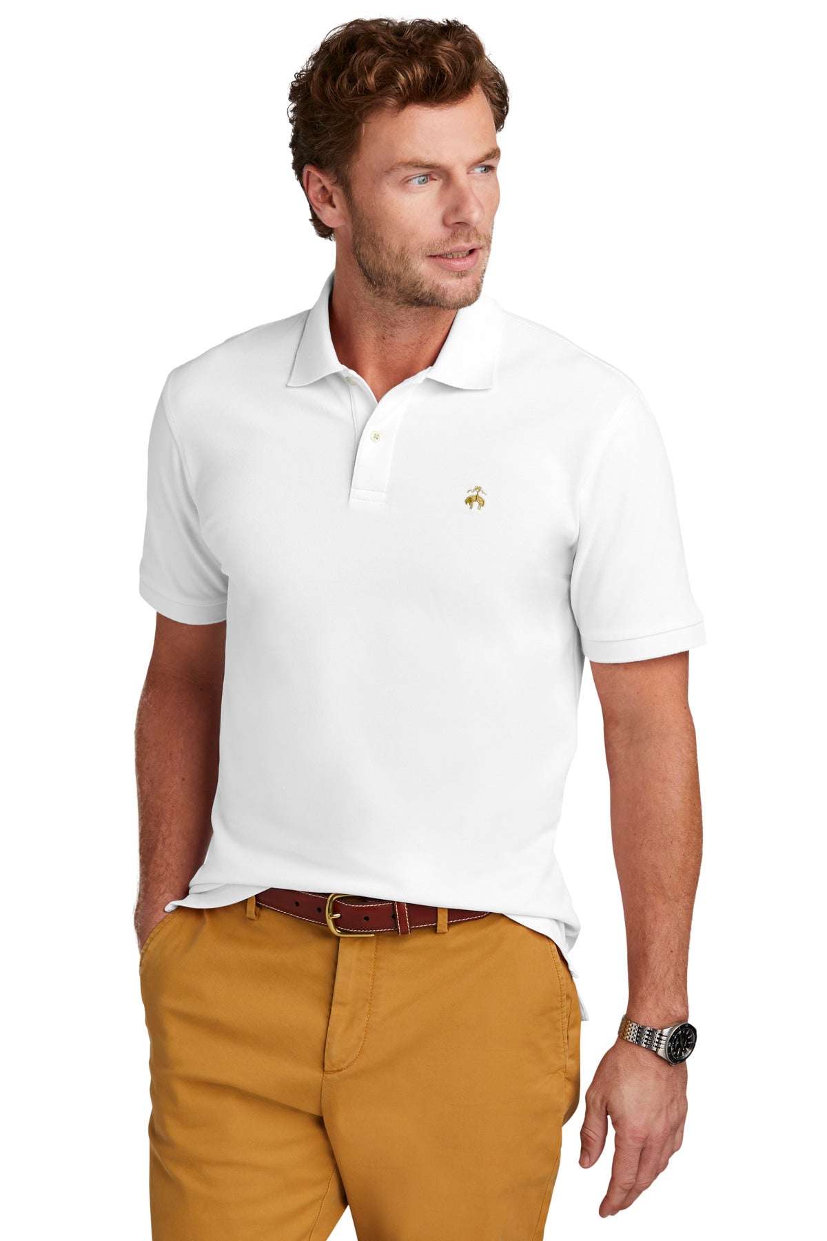 White Brooks Brothers Pima Cotton Pique Polo shirt worn by a model, front view showcasing classic fit and textured fabric.
