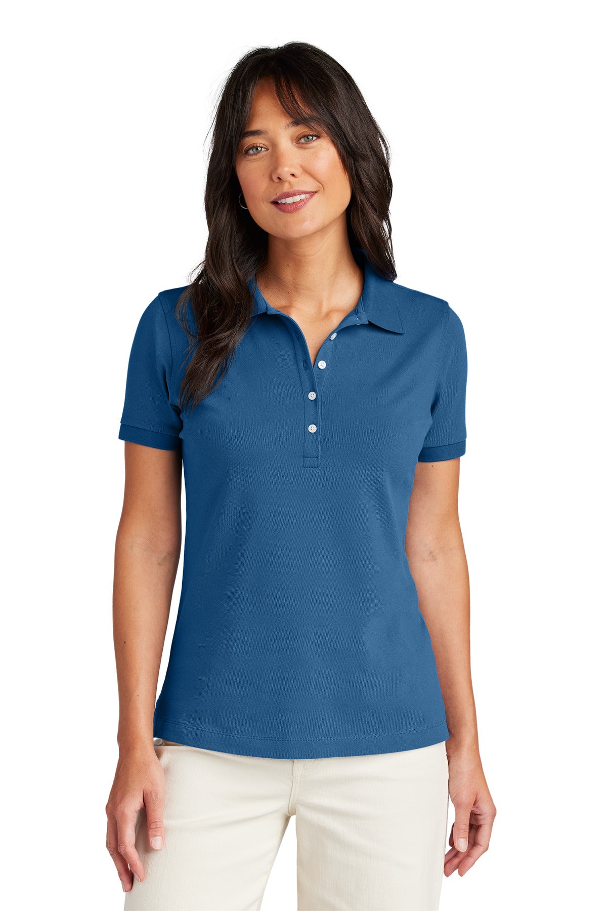 Brooks Brothers women's Pima cotton pique polo in charter blue, front view on model, classic collar and short sleeves