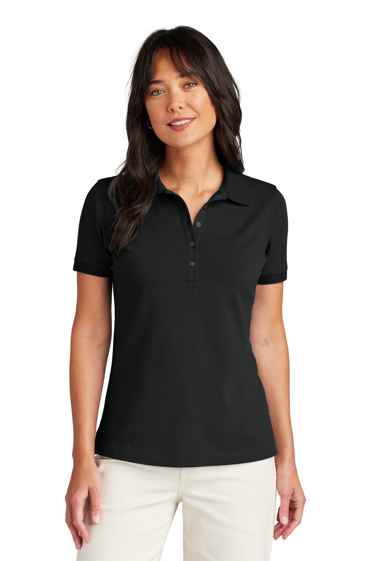 Brooks Brothers women's Pima cotton pique polo shirt in deep black, front view showcasing classic collar and short sleeves.