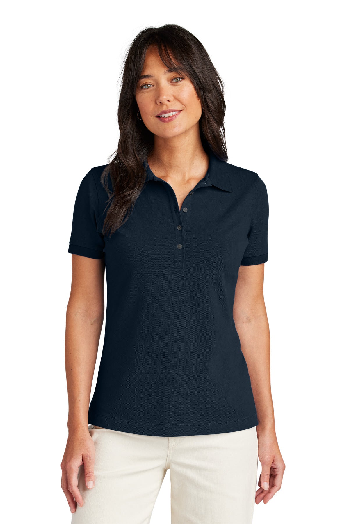 Navy Brooks Brothers women's Pima cotton pique polo shirt, front view, showcasing classic collar and button placket.