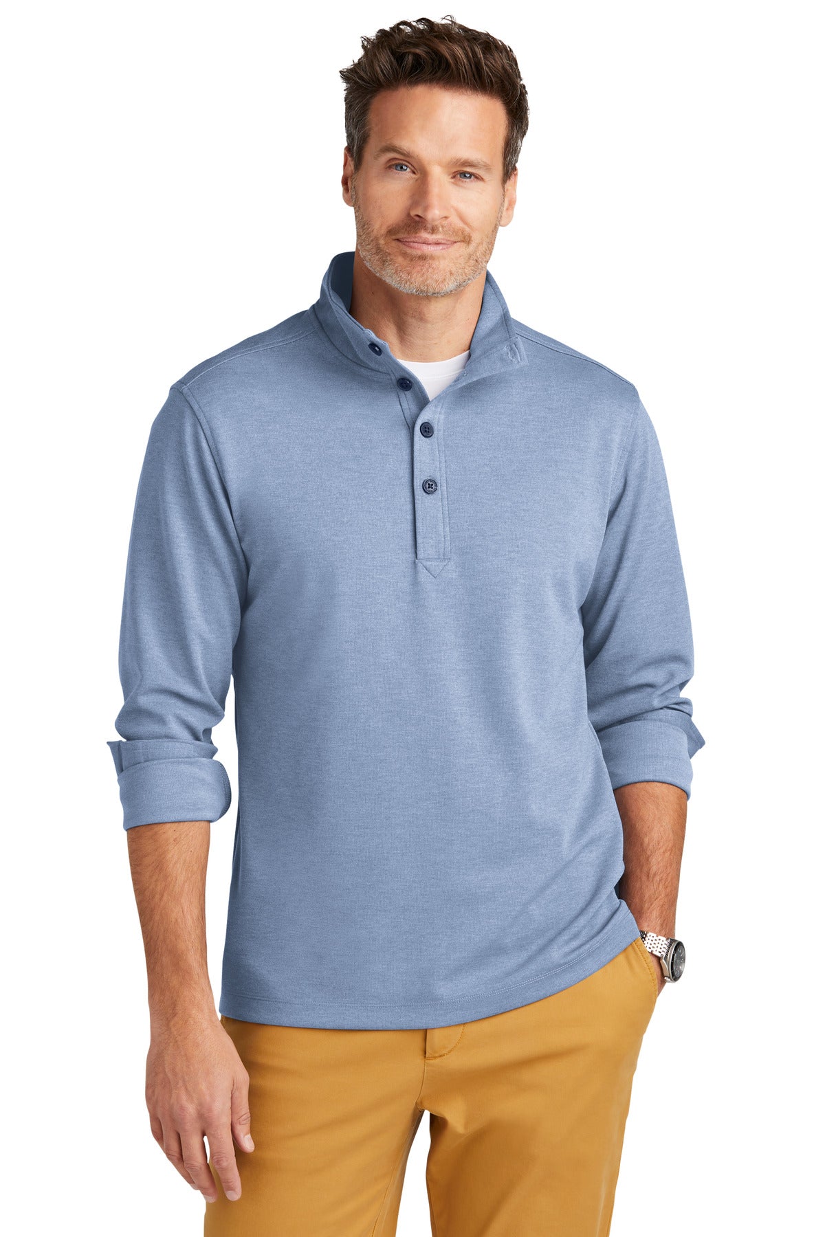 Brooks Brothers mid-layer stretch 1/2-button shirt in Aegean blue, featuring a classic collar and front button placket.