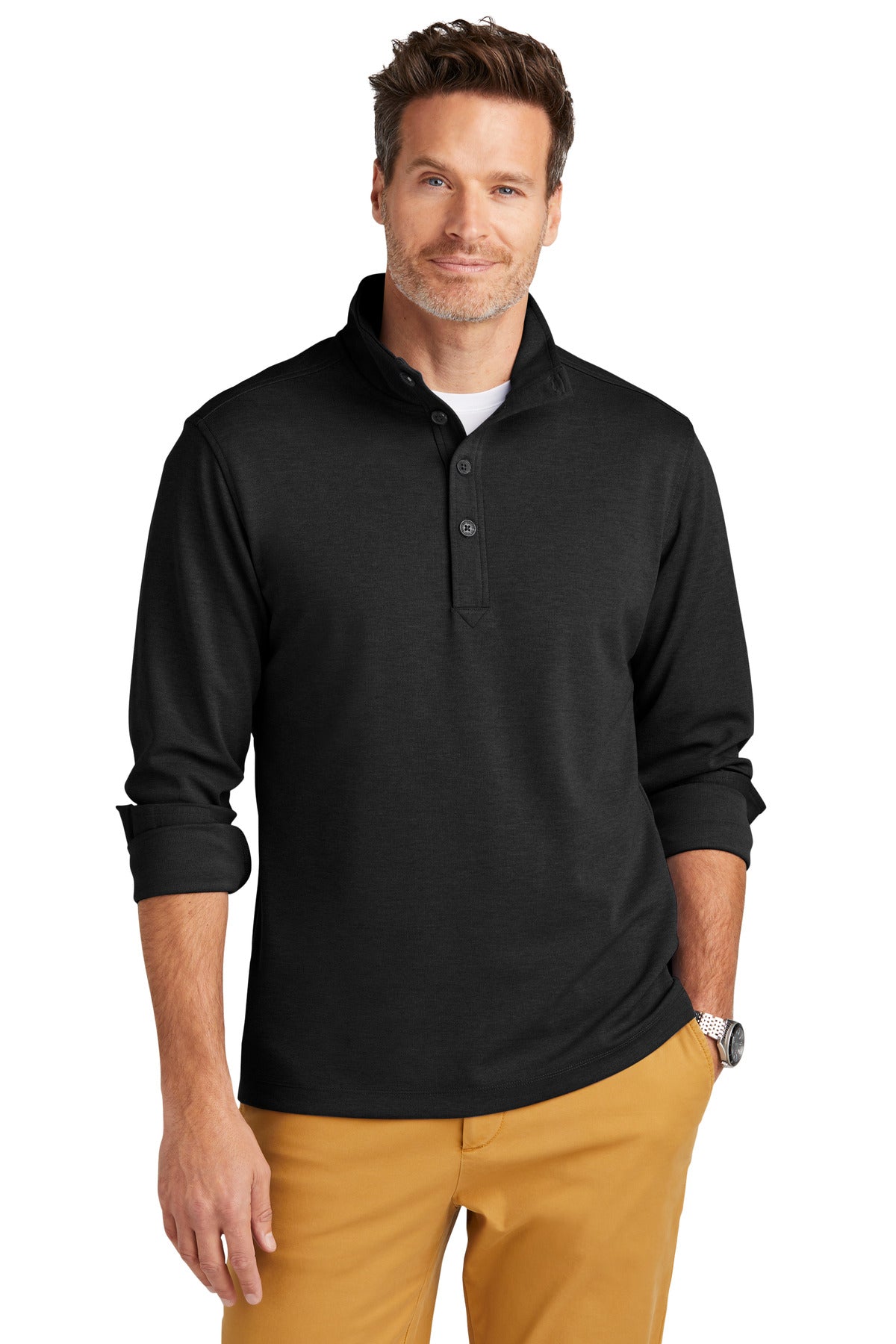Brooks Brothers Mid-Layer Stretch 1/2-Button BB18202 in black, front view showing fitted design and stretch fabric.