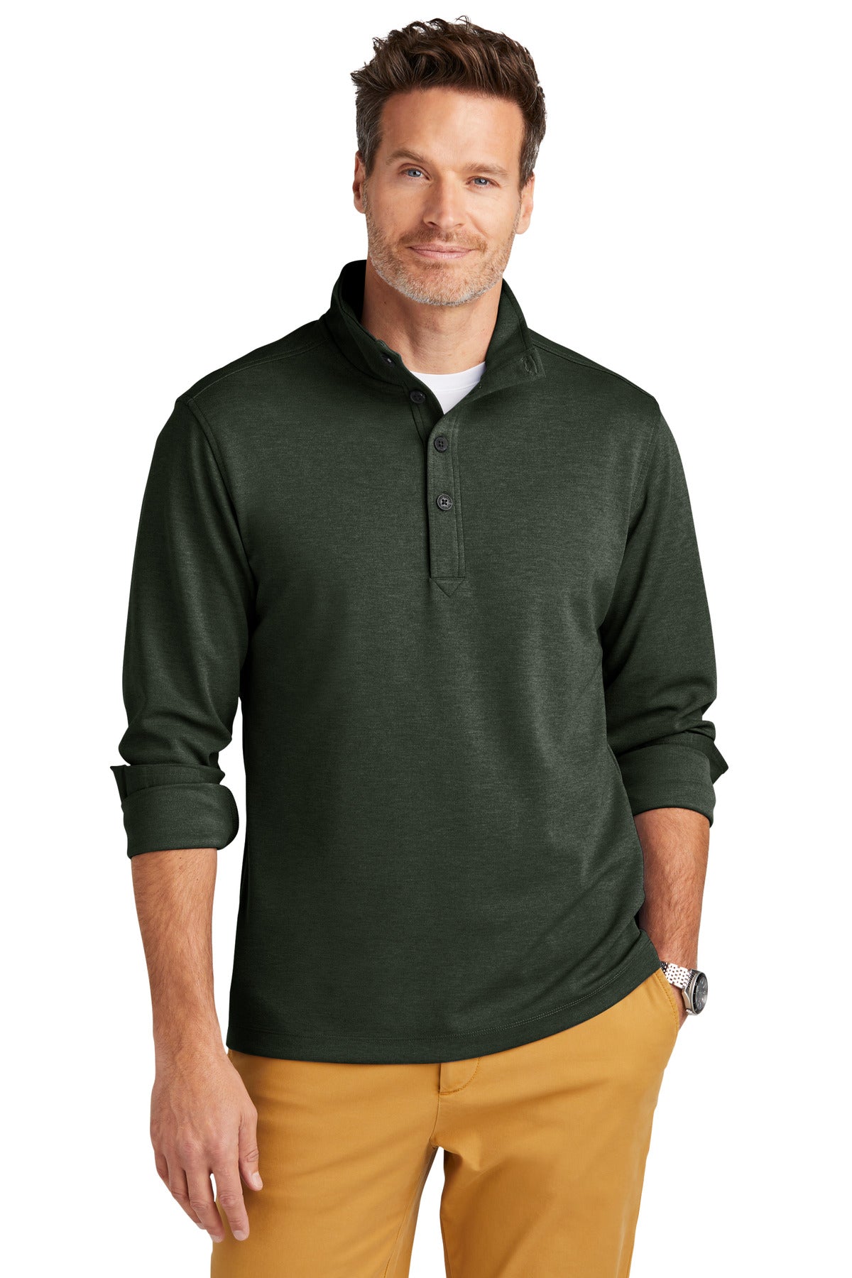 Brooks Brothers men's mid-layer stretch 1/2-button shirt in pine green, front view showing collar and button details.