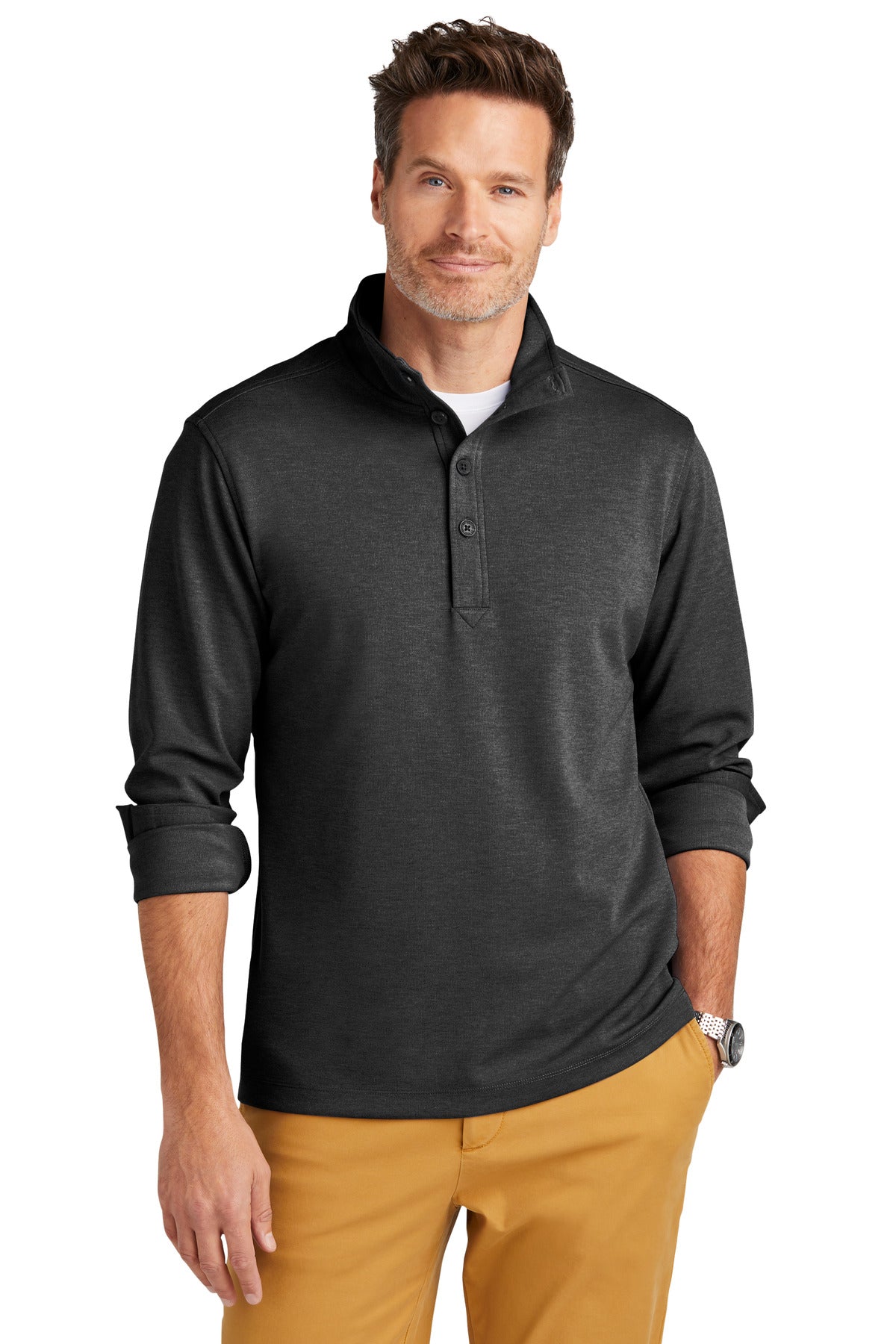 Brooks Brothers Mid-Layer Stretch 1/2-Button BB18202 in windsor gray, front view showcasing the casual shirt with a collar and buttons.