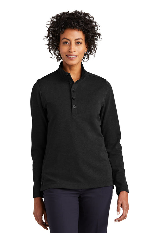 Brooks Brothers women's mid-layer stretch 1/2-button shirt in black, front view showing collar and button placket.