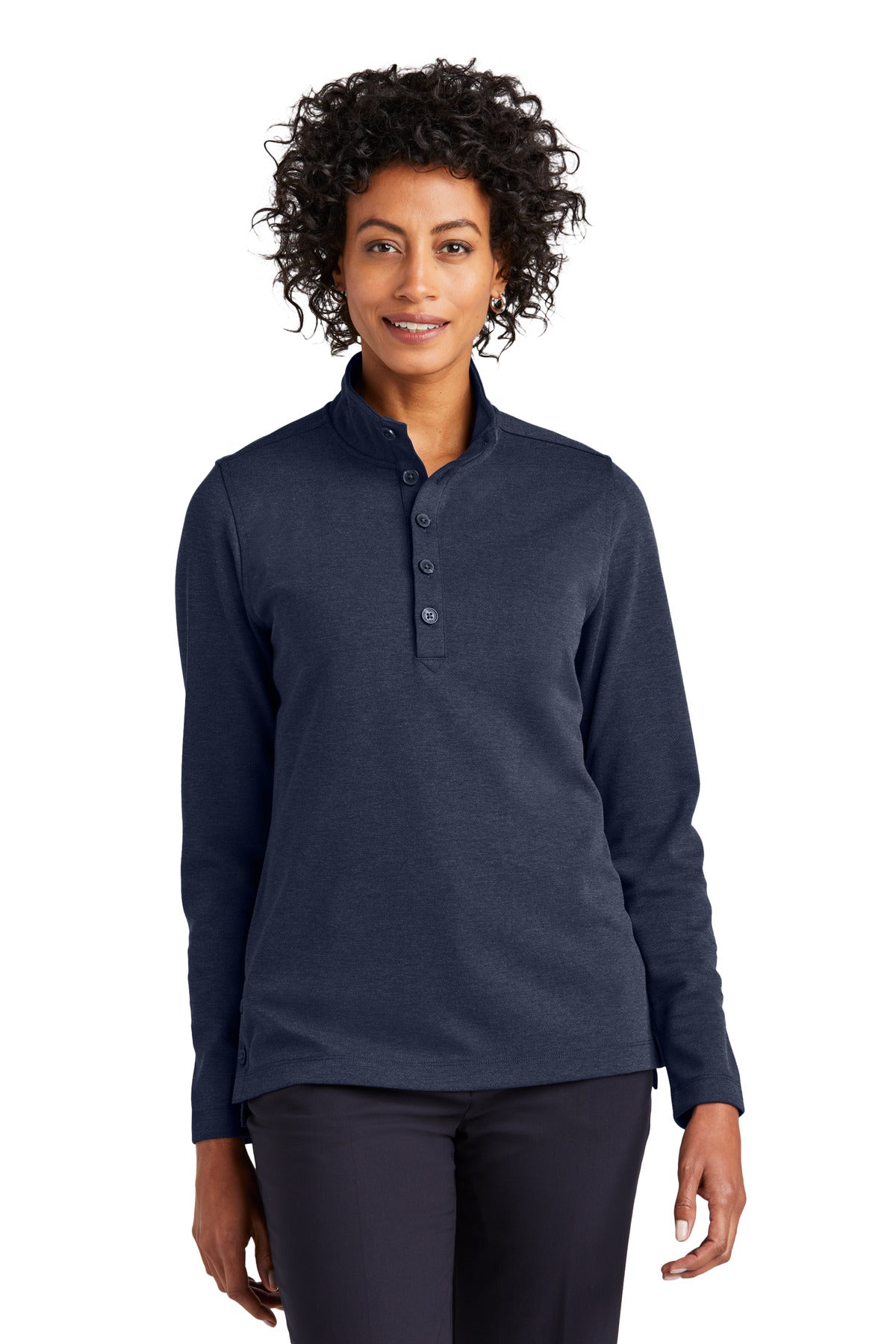 Brooks Brothers women's mid-layer stretch 1/2-button blazer in navy, front view, tailored fit, soft fabric, and classic style.