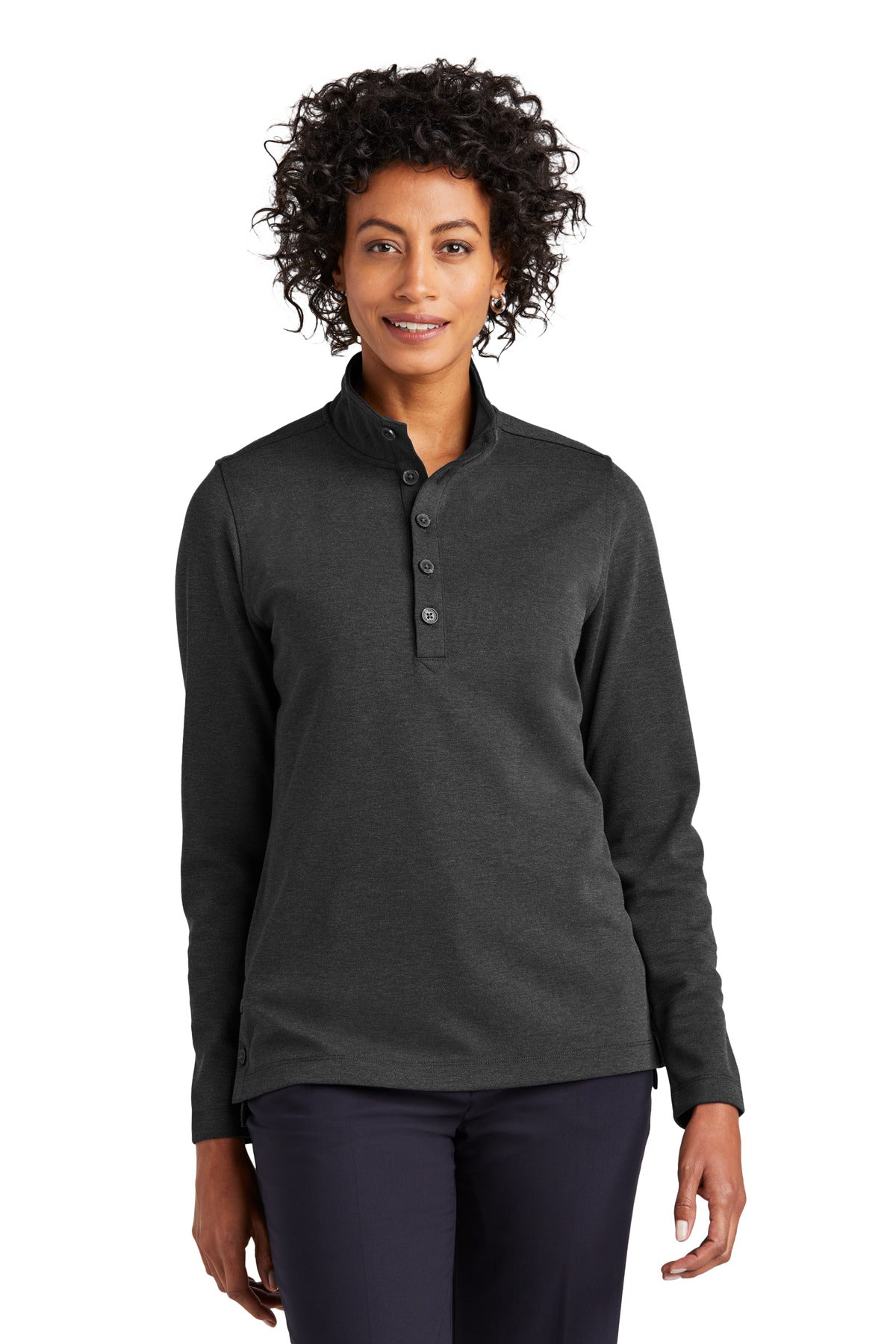 Brooks Brothers women's mid-layer stretch 1/2-button jacket in windsgy color, front view with model showcasing fit and style.
