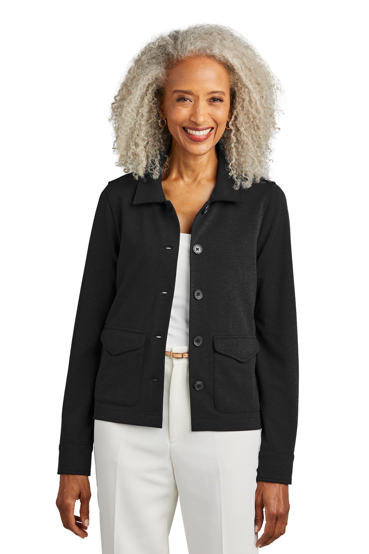 Brooks Brothers women's black heather mid-layer stretch button jacket, front view showing tailored fit and button closure.