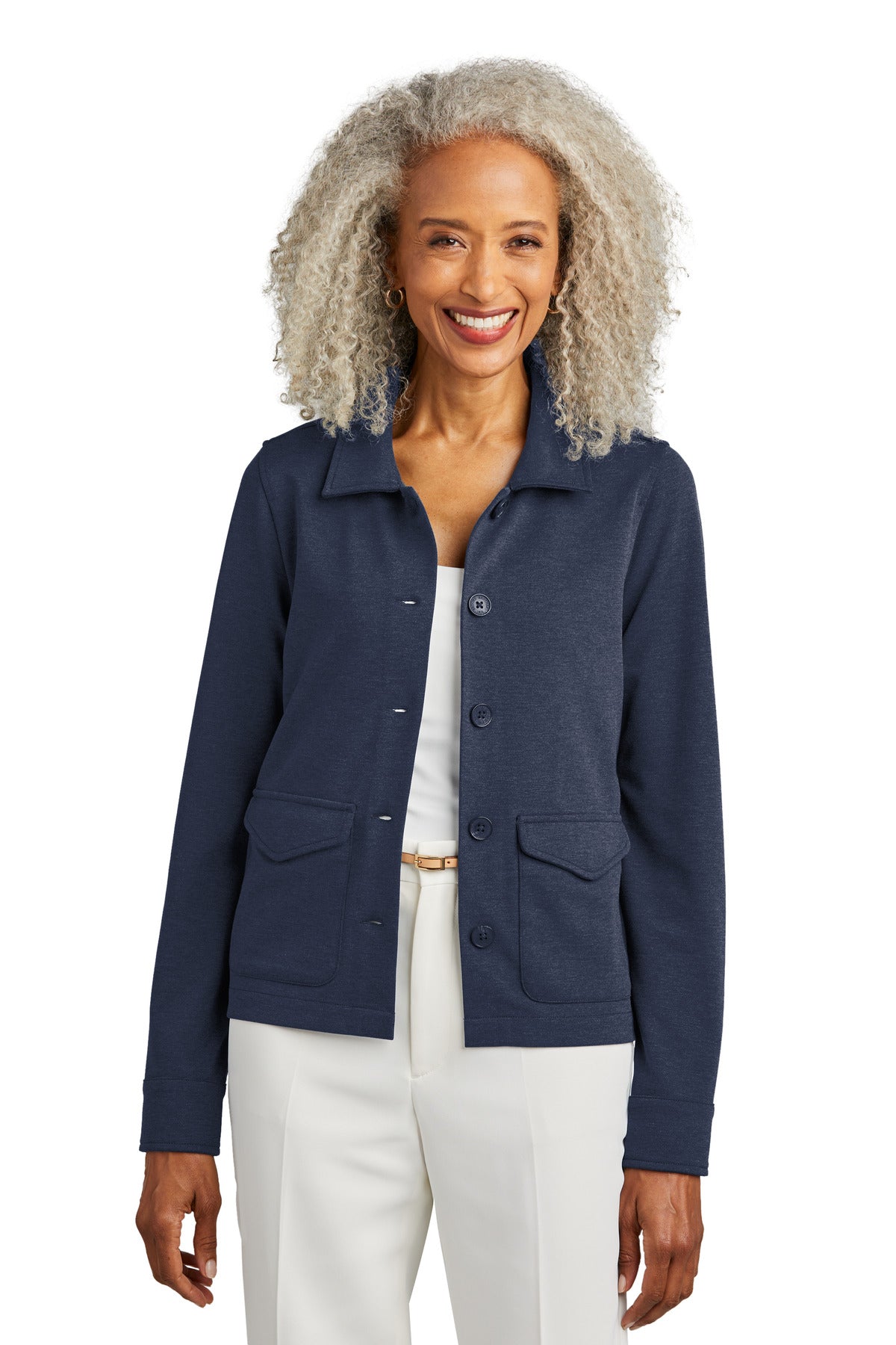 Navy blue women's mid-layer stretch button jacket by Brooks Brothers, front view showing tailored fit and classic blazer style.