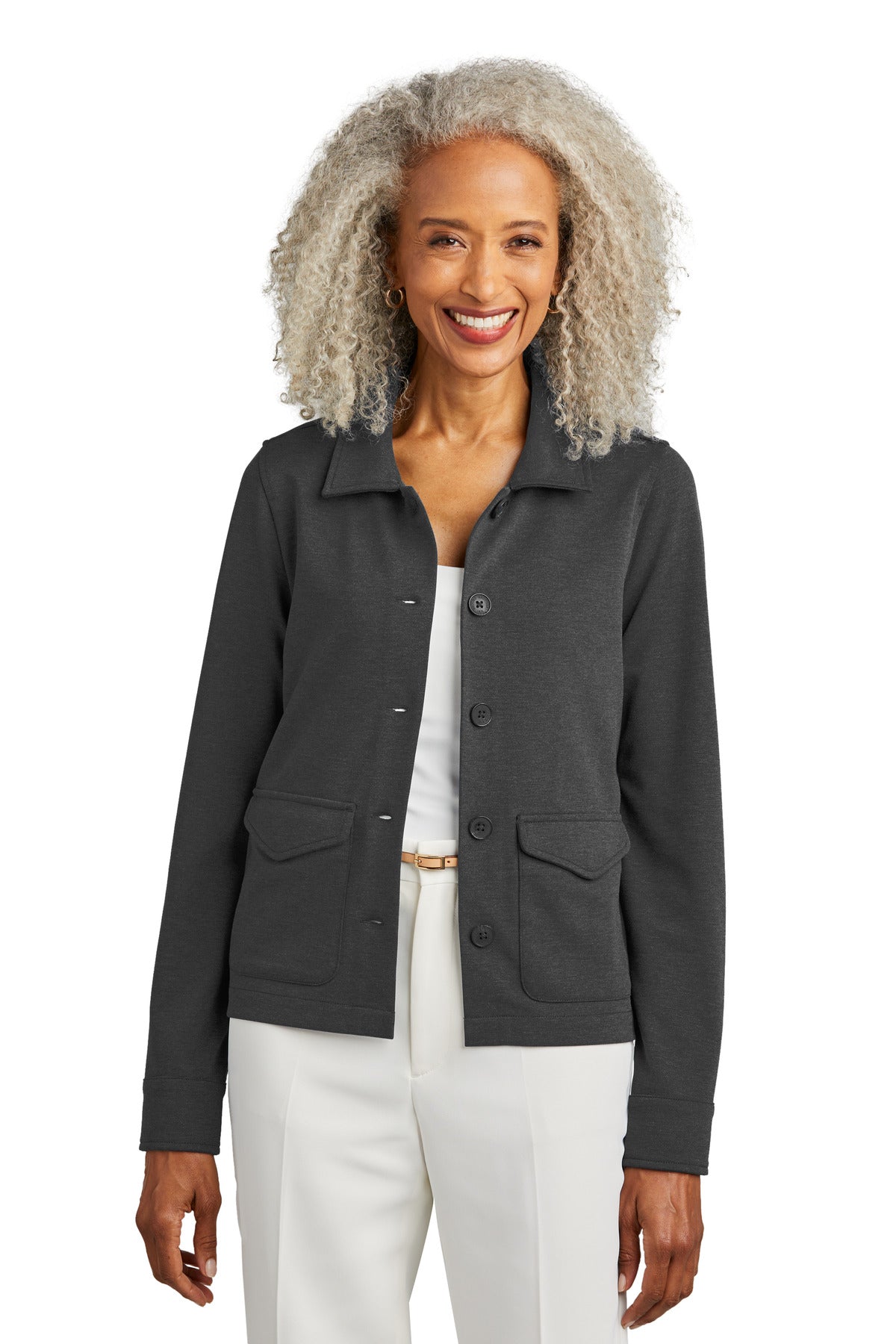 Brooks Brothers women's mid-layer stretch button jacket in windsor grey heather, front view showing tailored fit and button details.