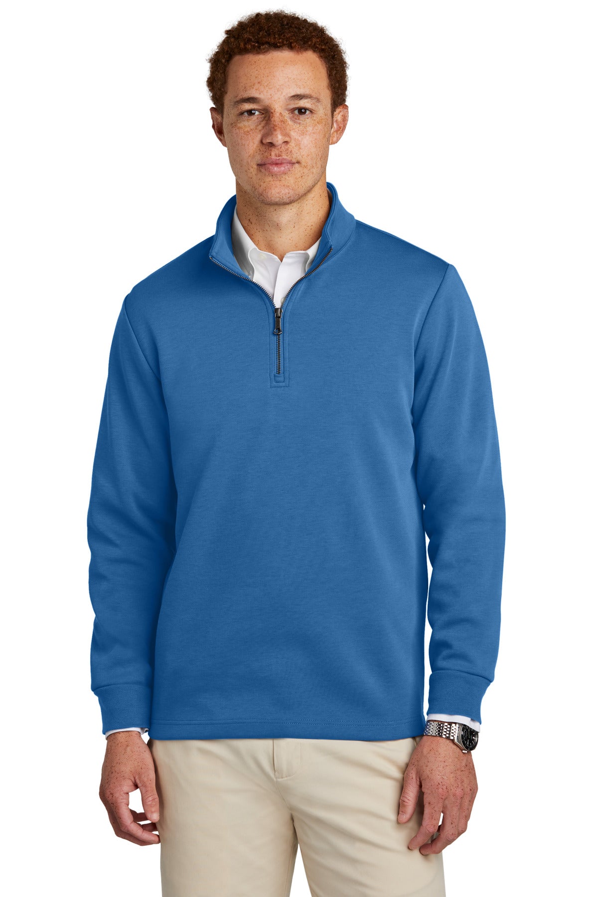 Brooks Brothers double-knit 1/4-zip sweater in charter blue, front view on male model