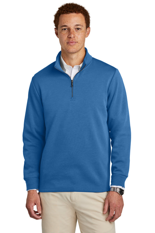 Brooks Brothers double-knit 1/4-zip sweater in charter blue, front view on male model