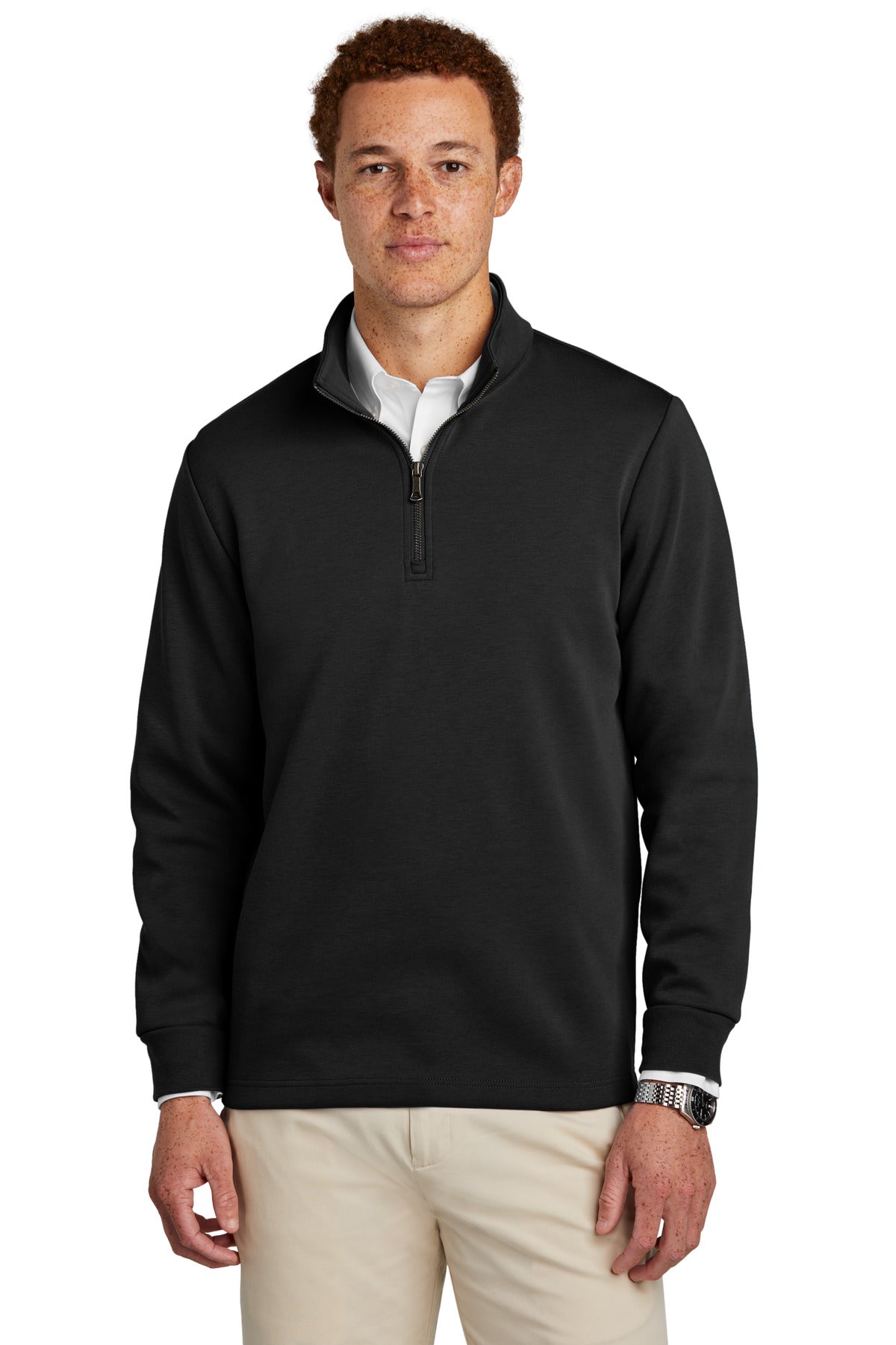 Brooks Brothers double-knit 1/4-zip sweater in deep black, front view on male model showing collar and zipper details.