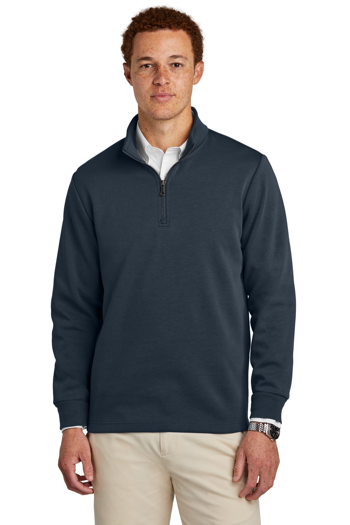 Brooks Brothers double-knit 1/4-zip BB18206 in night navy, front view on male model showing the collar and zipper details.