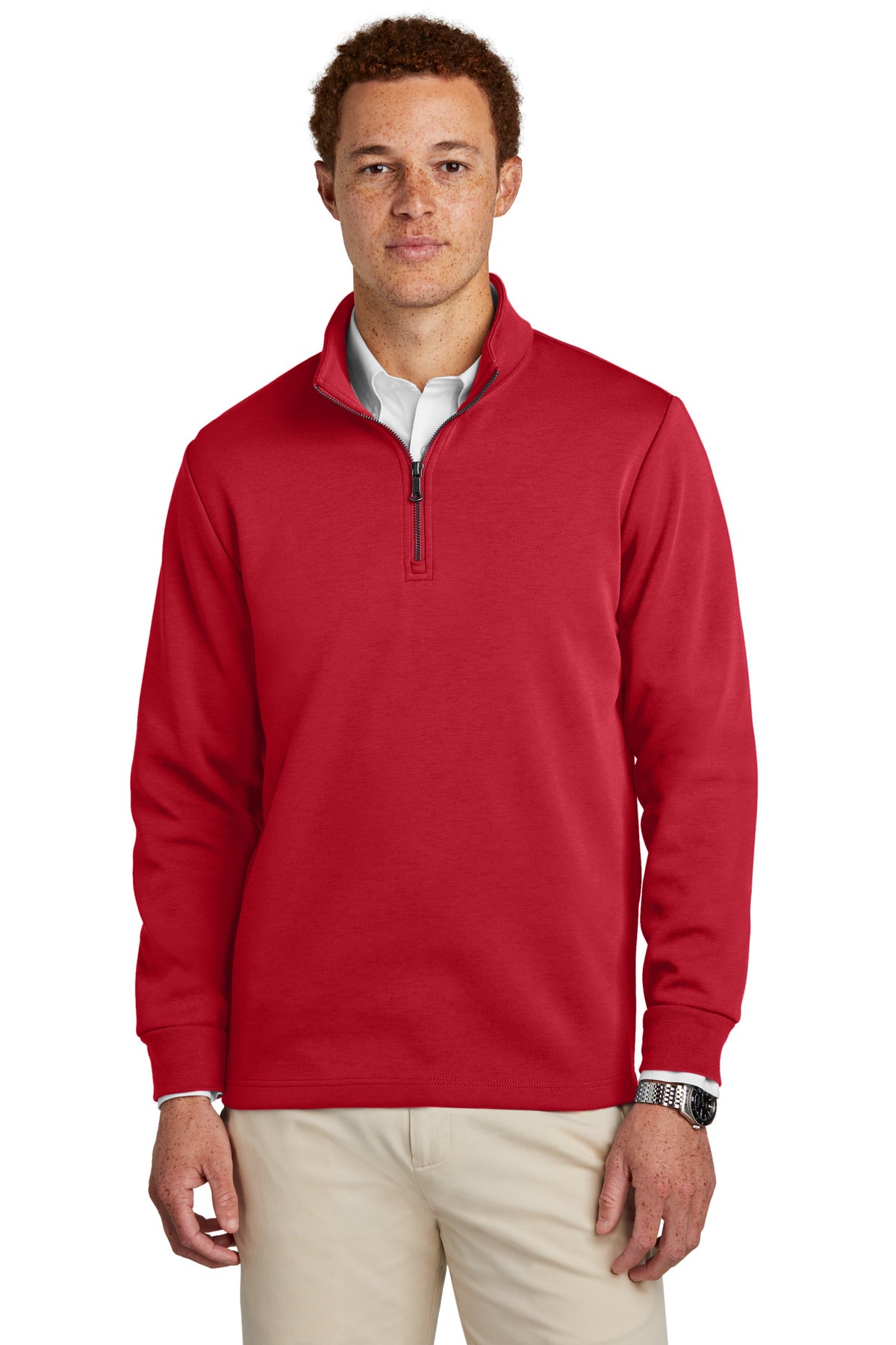 Brooks Brothers Double-Knit 1/4-Zip BB18206 in rich red, front view of the model showcasing the stylish knit sweater.