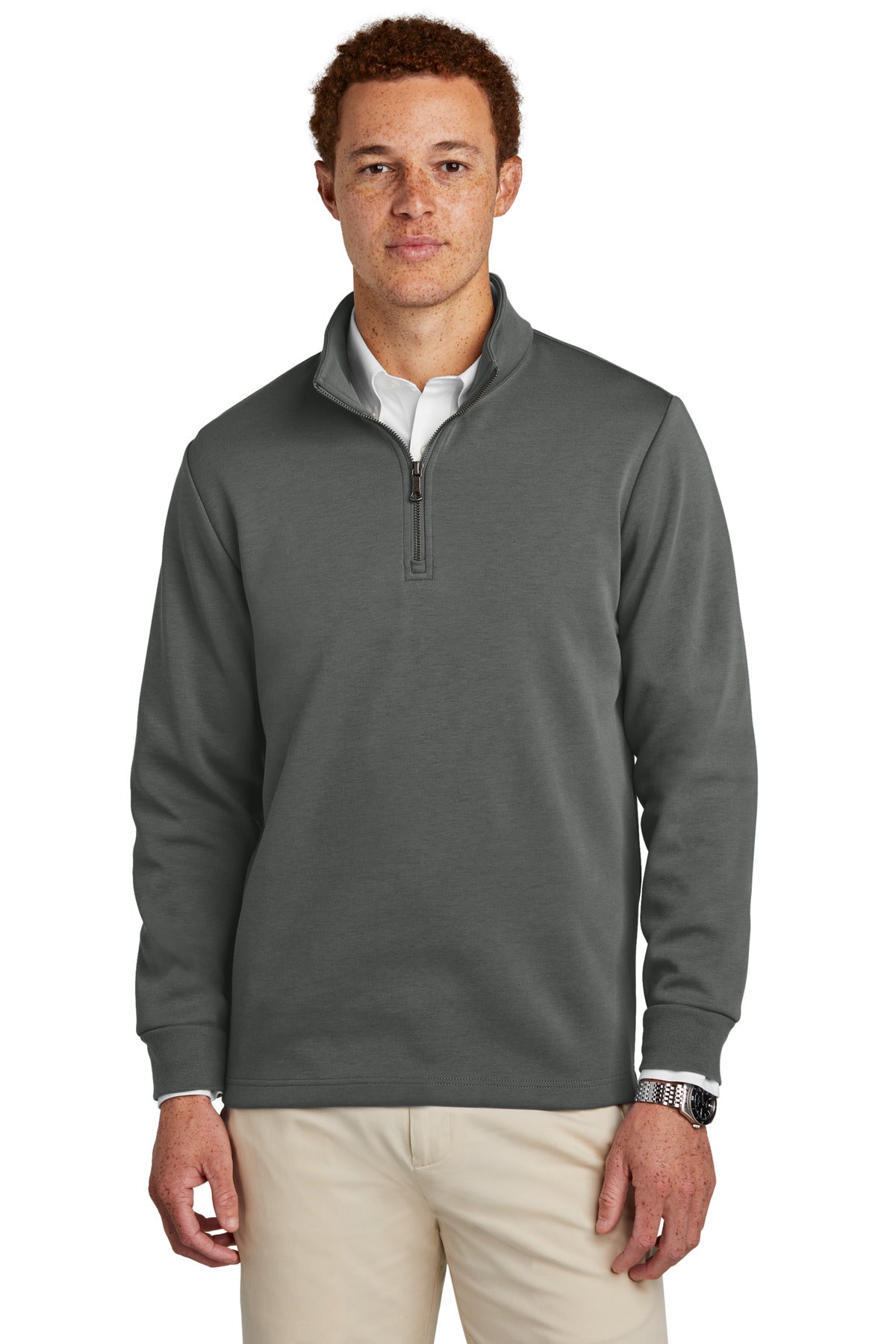 Brooks Brothers Double-Knit 1/4-Zip BB18206 in windsor grey, front view of the men's casual sweater.