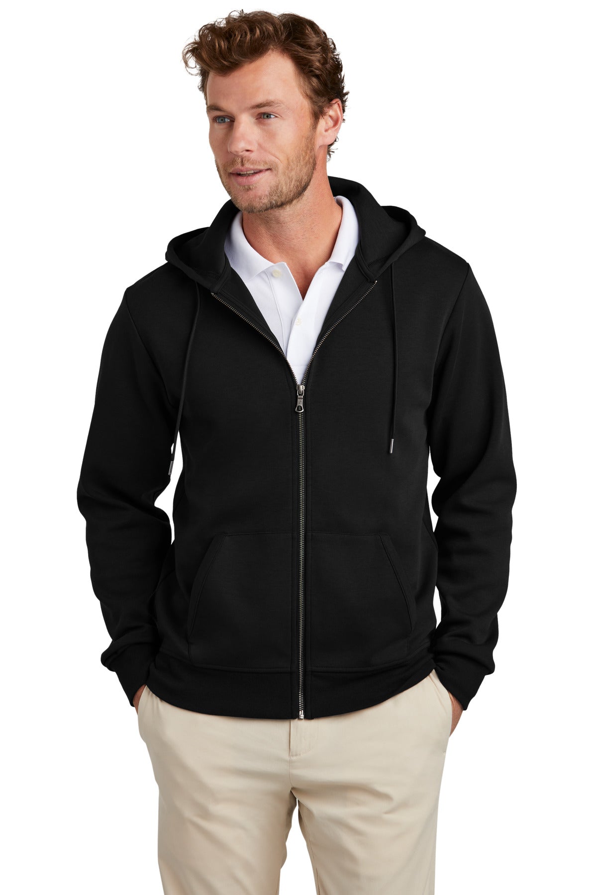 Brooks Brothers double-knit full-zip hoodie in deep black, displayed on a model from the front view.