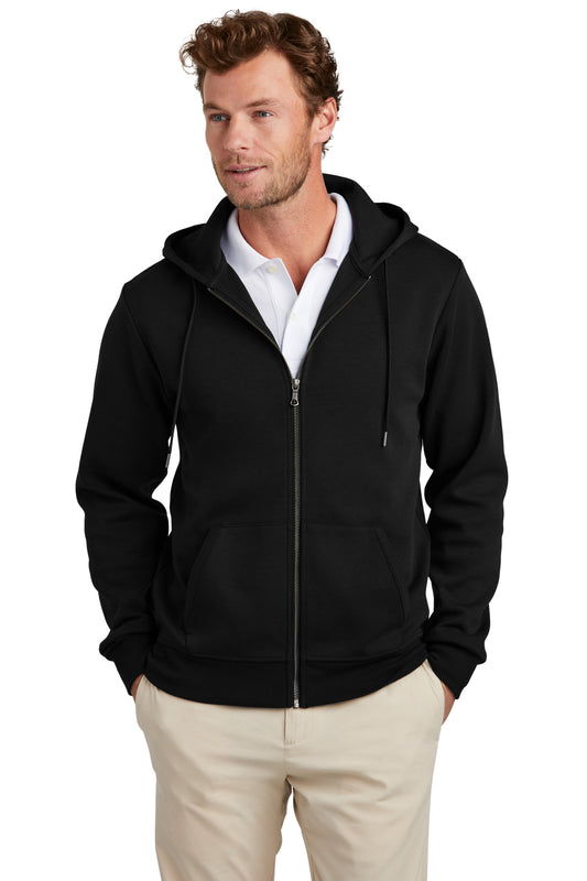 Brooks Brothers double-knit full-zip hoodie in deep black, displayed on a model from the front view.