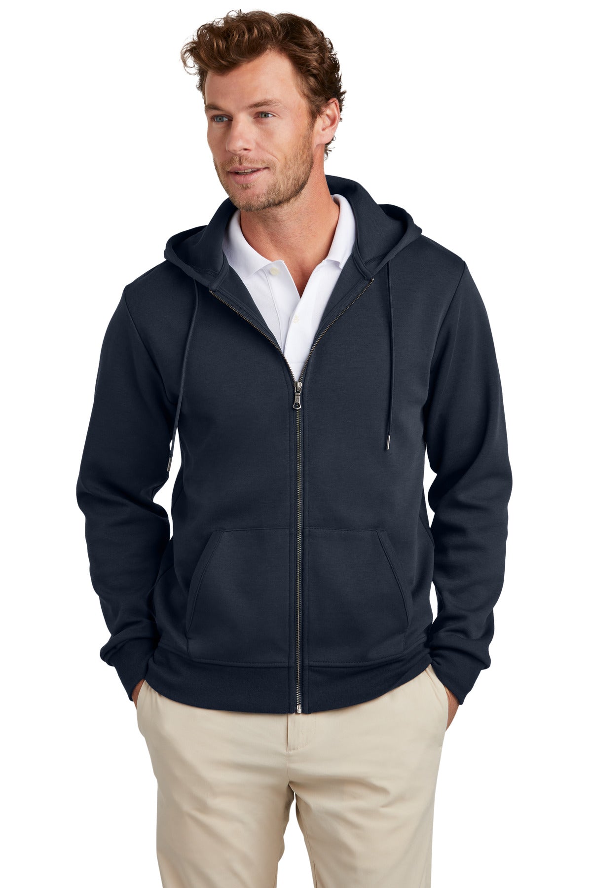 Brooks Brothers double-knit full-zip hoodie in night navy, front view on model, showcasing casual styling and comfortable fit.