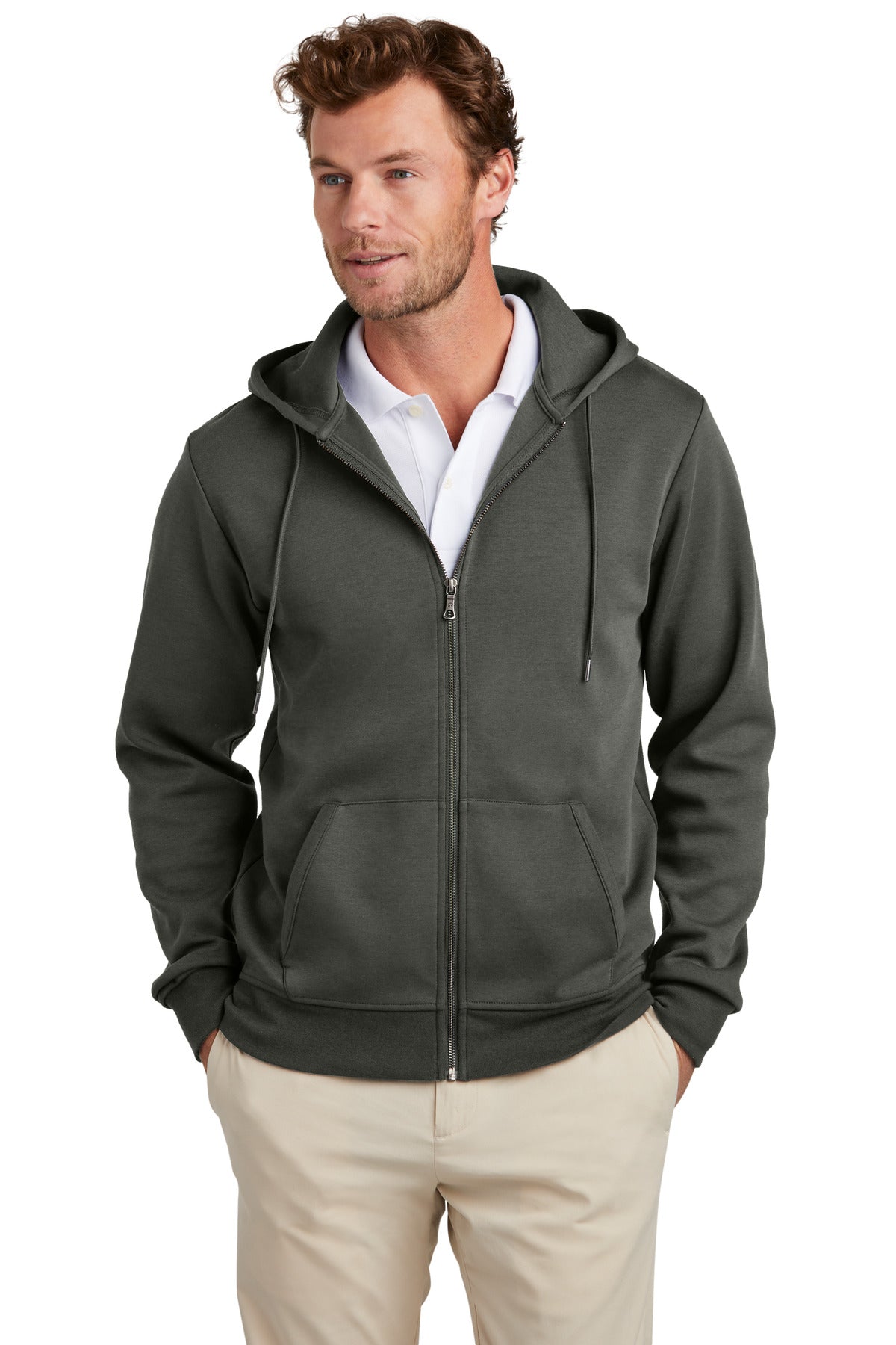 Brooks Brothers double-knit full-zip hoodie in windsor grey, front view showing soft fabric and classic design.