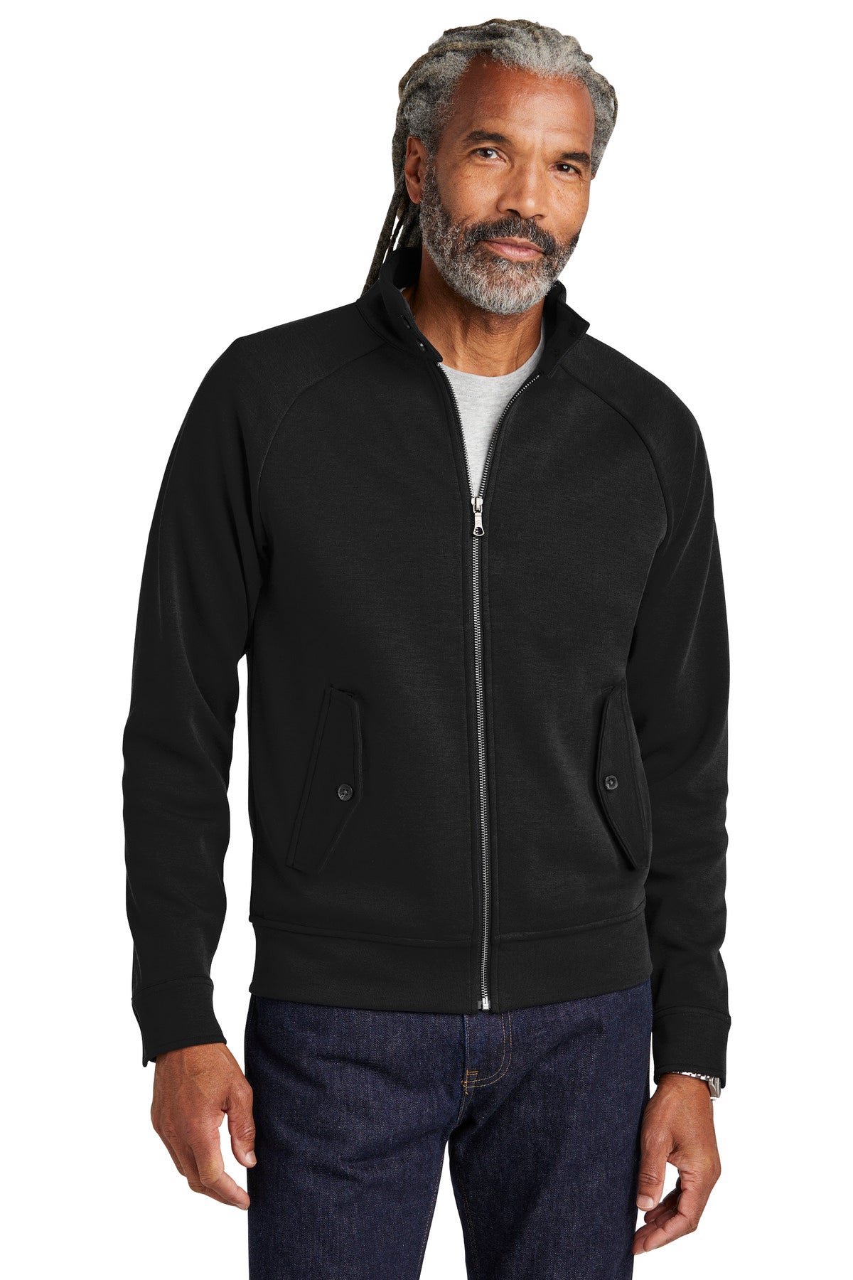 Brooks Brothers Double-Knit Full-Zip BB18210 in deep black, front view showing the classic full-zip sweater with ribbed cuffs.