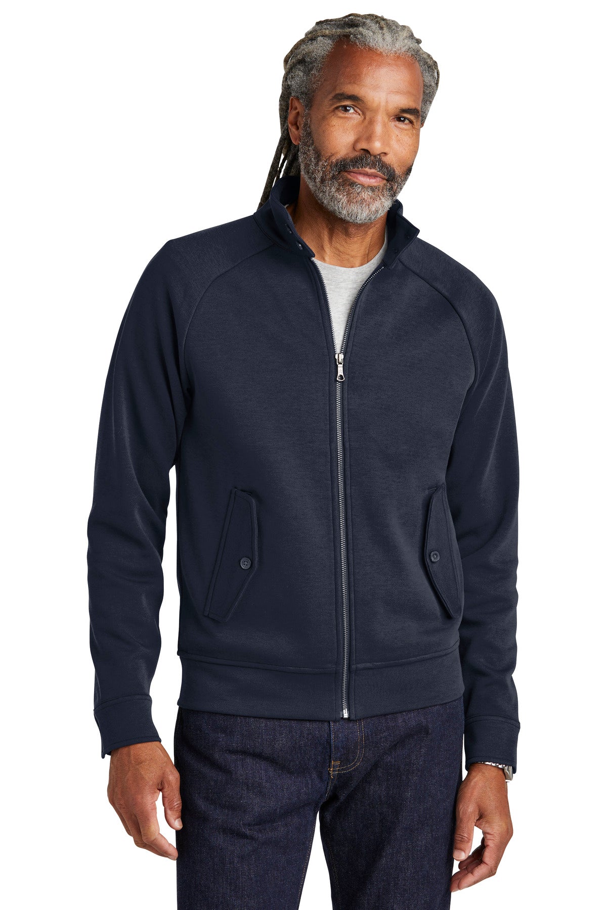 Brooks Brothers Double-Knit Full-Zip BB18210 in night navy, front view on male model showing the jacket's design and fit.