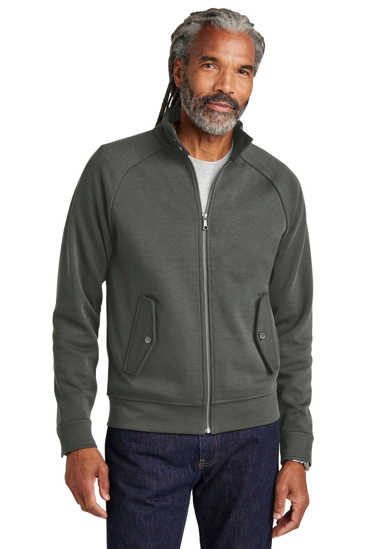 Brooks Brothers Double-Knit Full-Zip BB18210 in windsor grey worn by a model, front view showing full zipper and knit texture.