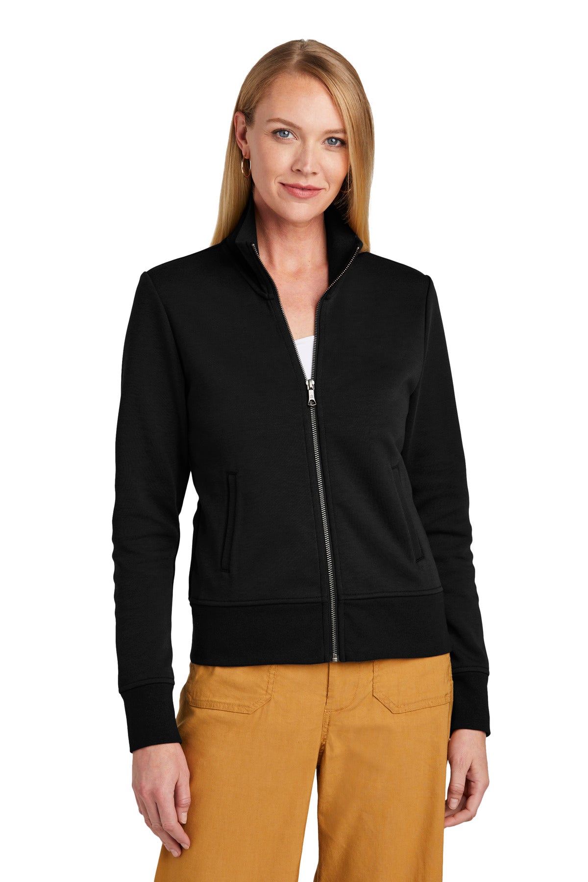 Brooks Brothers Women's Double-Knit Full-Zip BB18211 in deep black, front view showing the sleek, fitted design and zip closure.