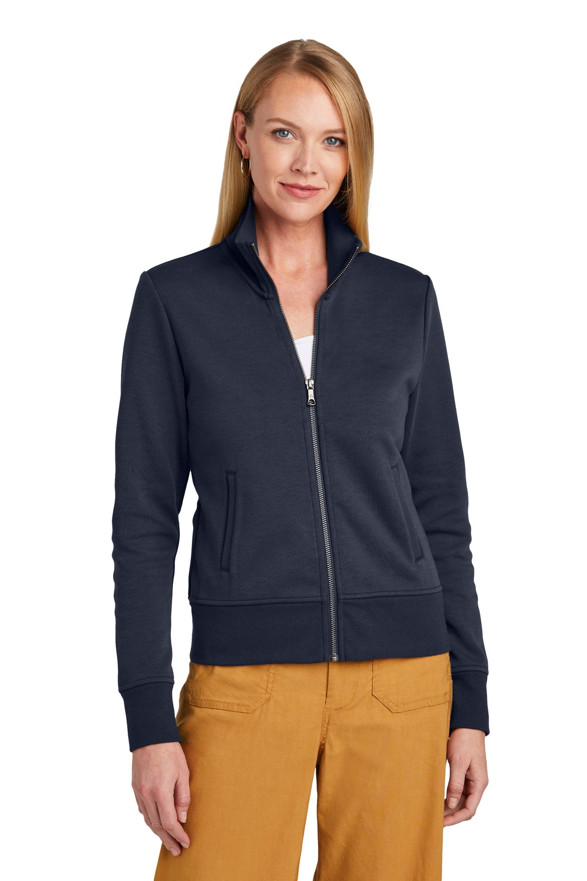 Brooks Brothers women's Double-Knit full-zip BB18211 jacket in night navy, front view showing the sleek design and full zip closure.