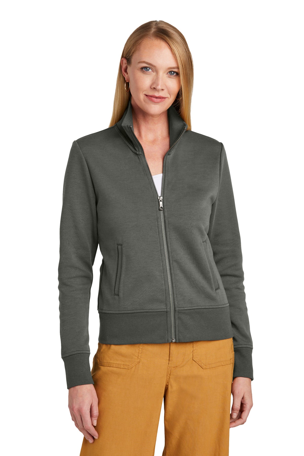 Brooks Brothers women's double-knit full-zip BB18211 jacket in windsor grey, front view showcasing the zip and fabric texture.