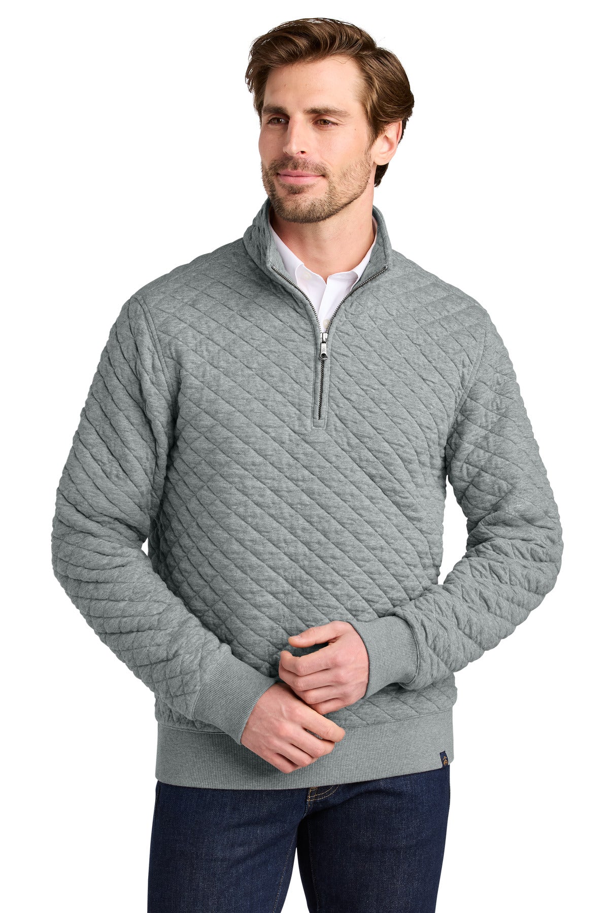 Light shadow grey heather Brooks Brothers Diamond Quilt 1/4-Zip sweater shown from the front.