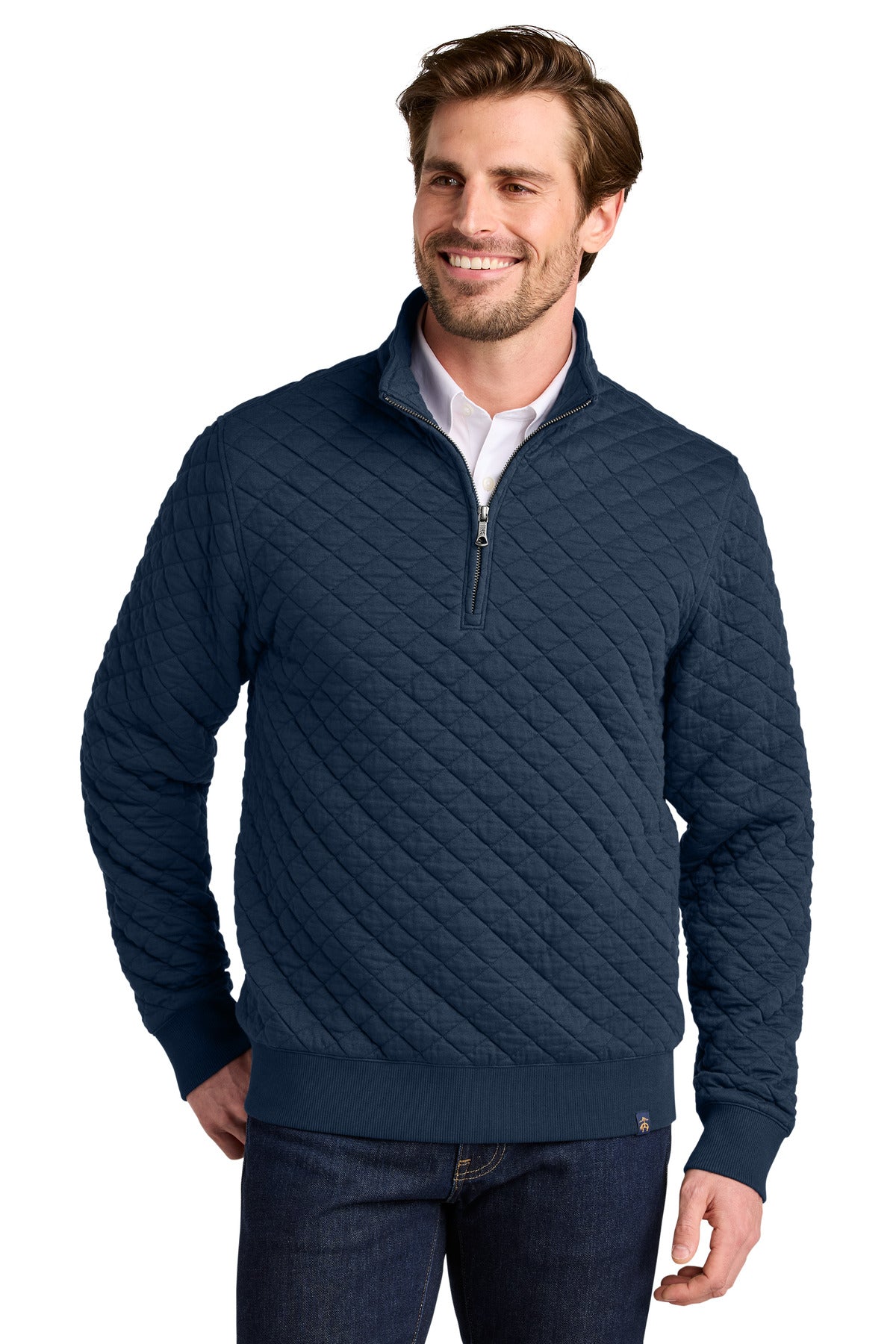 Brooks Brothers diamond quilt navy 1/4-zip sweater worn by model, front view showing textured fabric and collar detail.