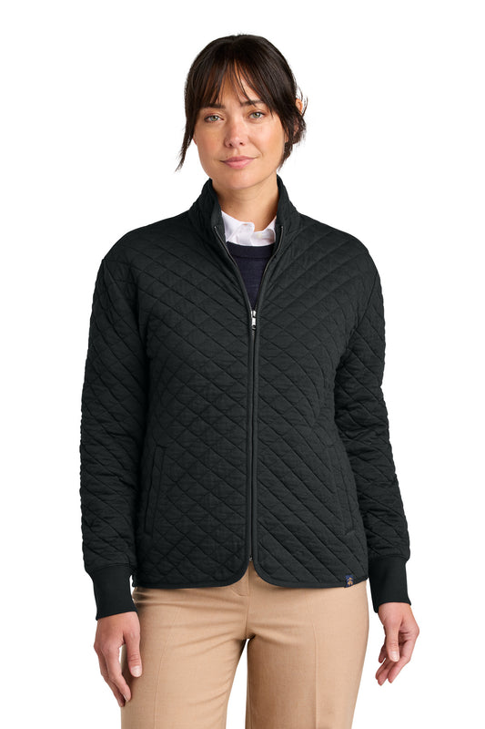 Brooks Brothers women's diamond quilt full-zip jacket in deep black, front view showing quilted pattern and full zipper.