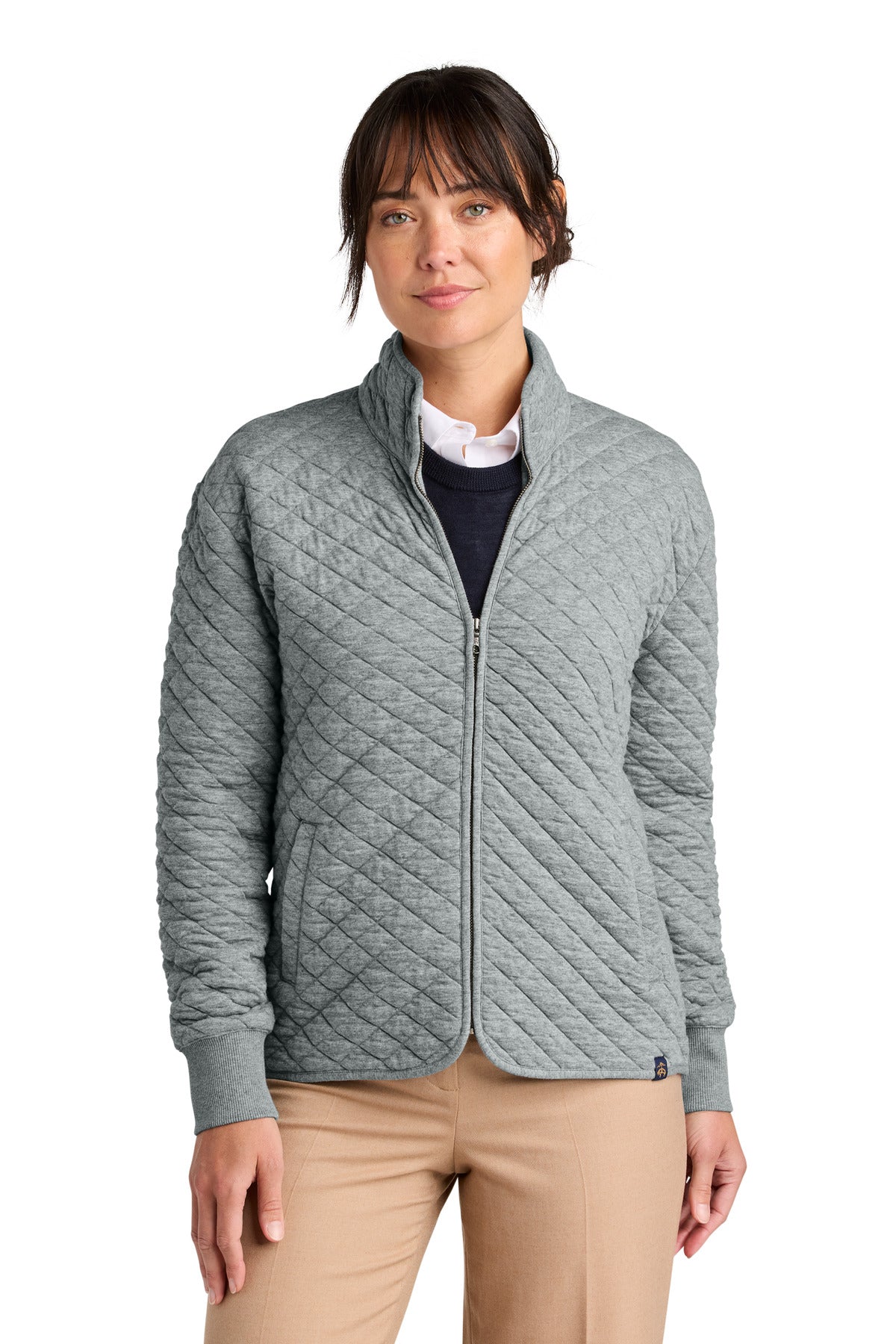 Brooks Brothers women's diamond quilt full-zip jacket in light shadow grey heather, front view showing quilted pattern and zipper details.